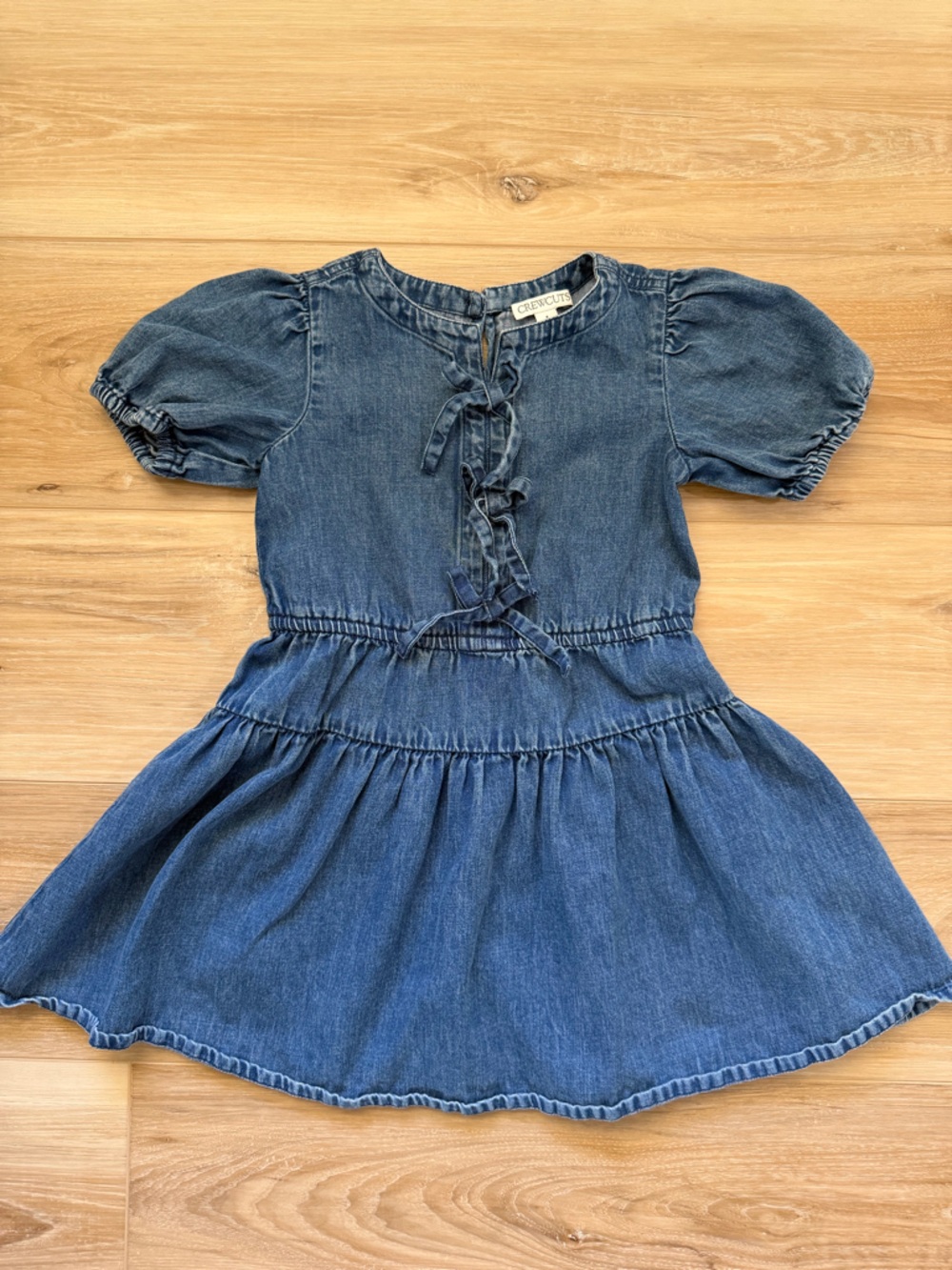 Crewcuts Girls' Denim Puff-Sleeve Ruffle-Front Dress in Blue